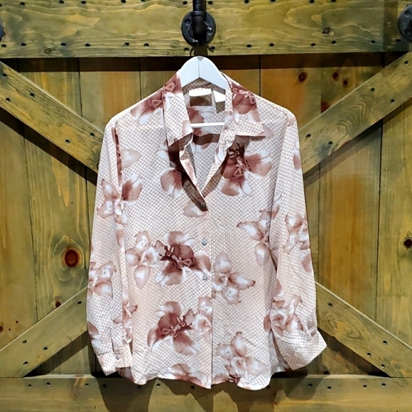 WOMENS CAVIAR LONG SLEEVE BUTTON DOWN FLORAL BLOUSE TOP CAREER BUSINESS OFFICE - Picture 1 of 7